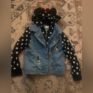 Disney Denim Jacket with Black and White Polka Dot Sleeves